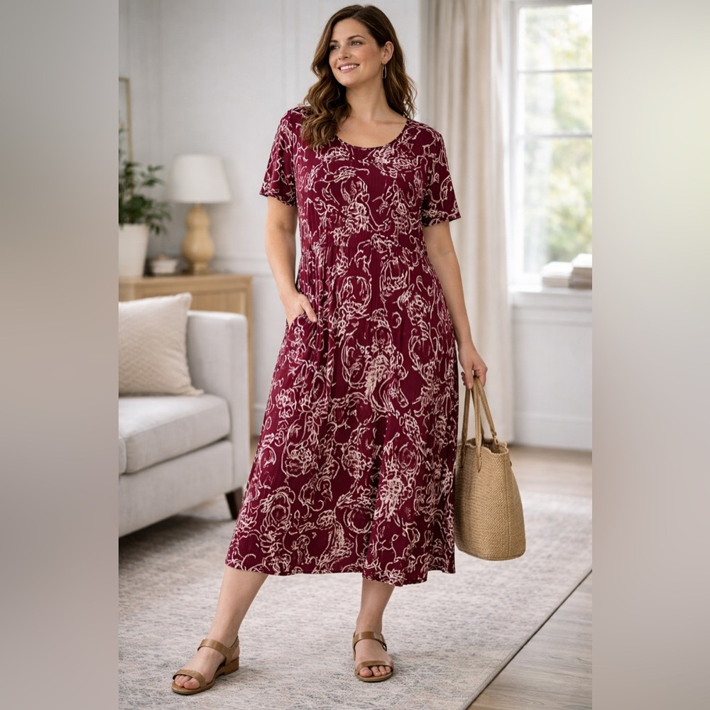 Woman Within Burgundy Floral‎ Midi Dress Plus Size 1X (22/24)